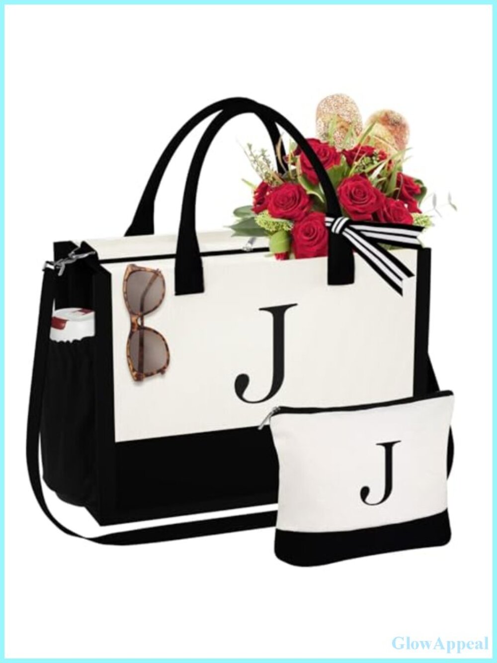 Canvas Tote Bag with Initials Monogram, Large 17in with Makeup Bag, Zippered